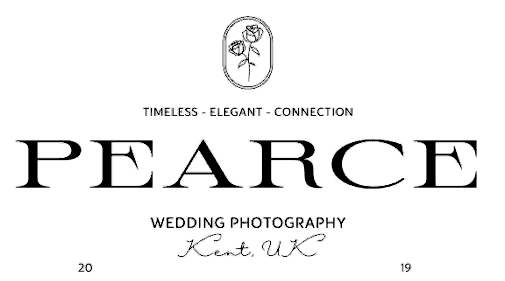 Logo for Pearce Wedding Photography. It features an emblem with a single rose in an oval at the top, followed by the words "Timeless - Elegant - Connection." Below, "Pearce" is written in large, elegant letters. Underneath, it says "Wedding Photography," followed by "Kendra UK. Image by Pearce Wedding Photography.